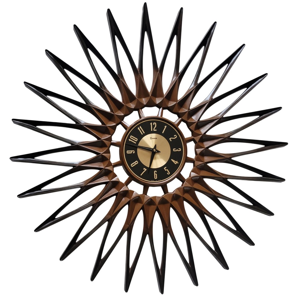 Vtg 1963 Syroco Sunburst Wall Clock Mid Century Modern Brown Starburst Atomic